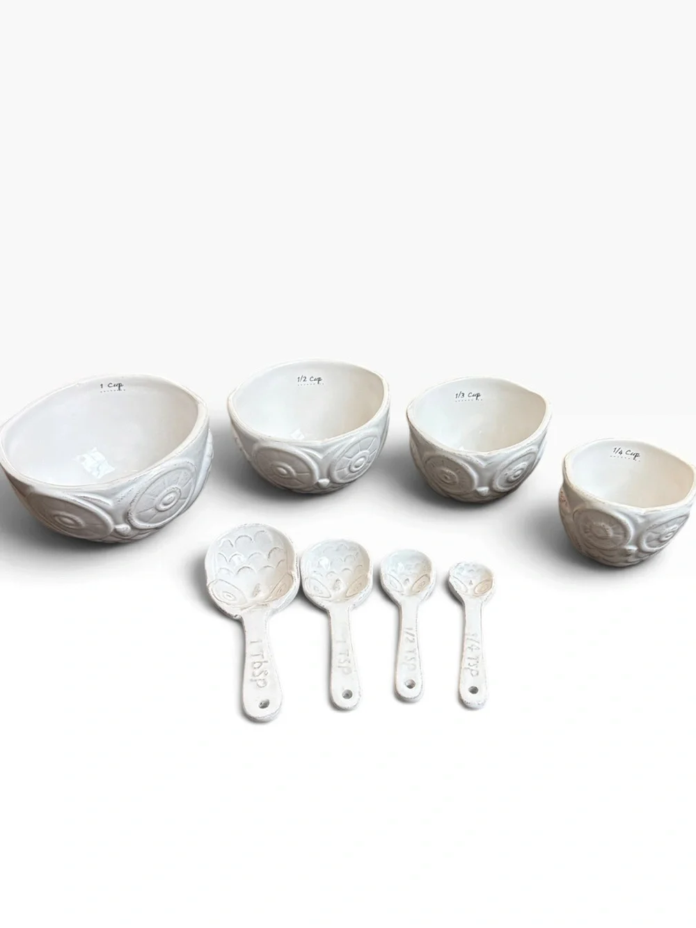 Sur La Table Owl Nesting Measuring Bowls and Spoon Set Ceramic White